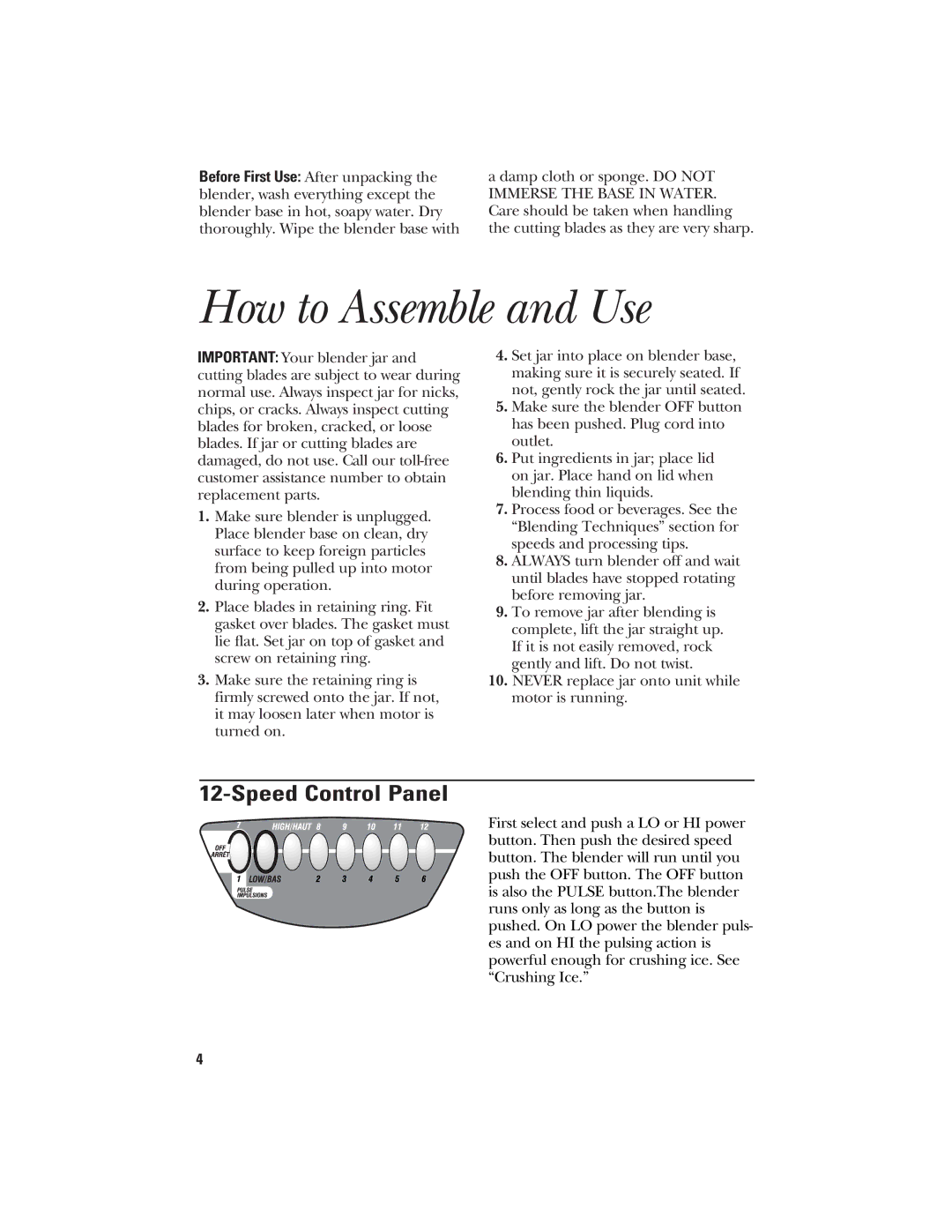 GE 106644, 840078900 manual How to Assemble and Use, Speed Control Panel 