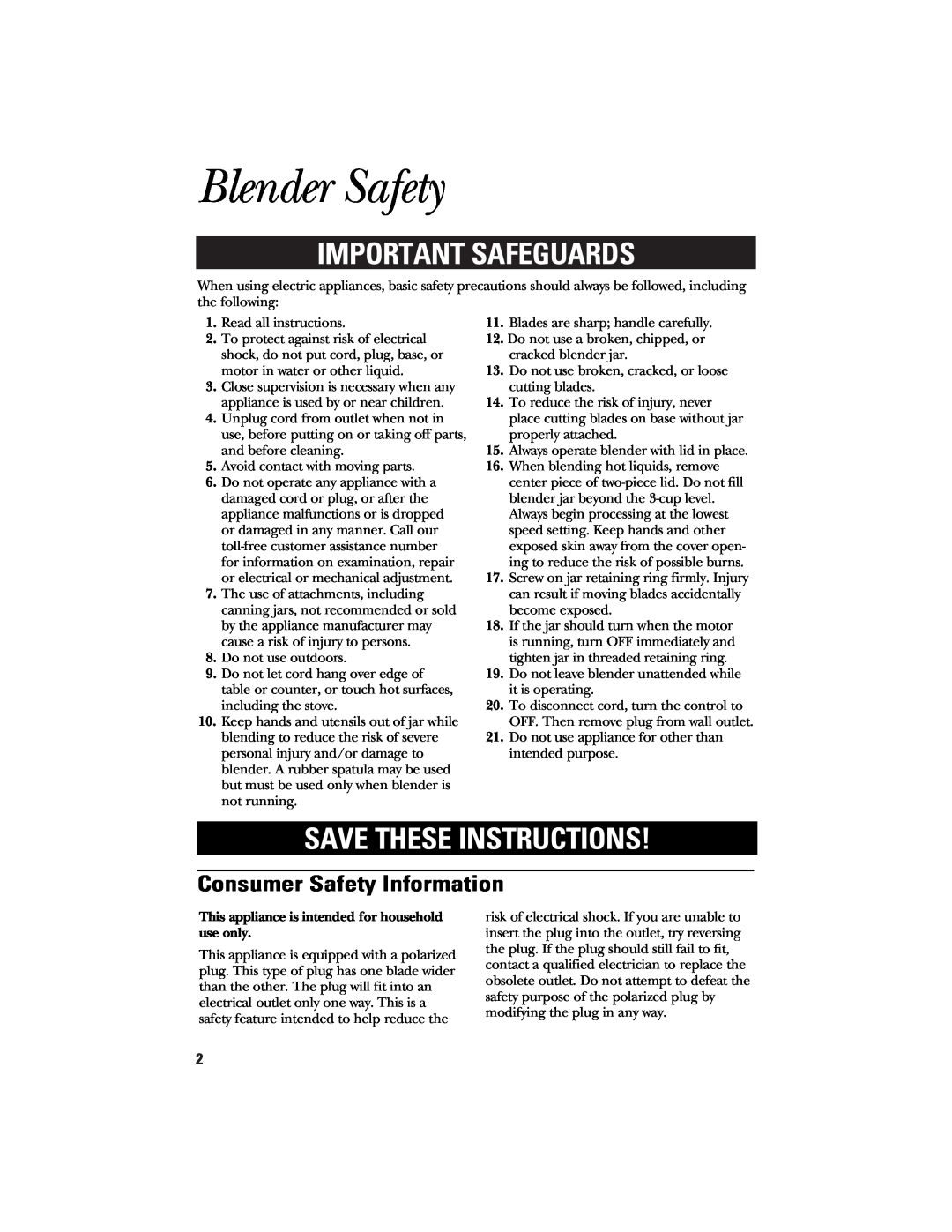 GE 106644, 840078900 manual Blender Safety, Important Safeguards, Save These Instructions, Consumer Safety Information 