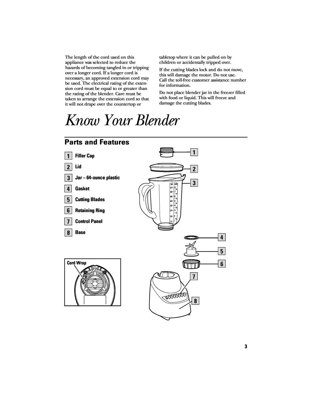GE 840078900 manual Know Your Blender, Parts and Features, Filler Cap, Jar - 64-ounce plastic, Gasket, Cutting Blades, Base 