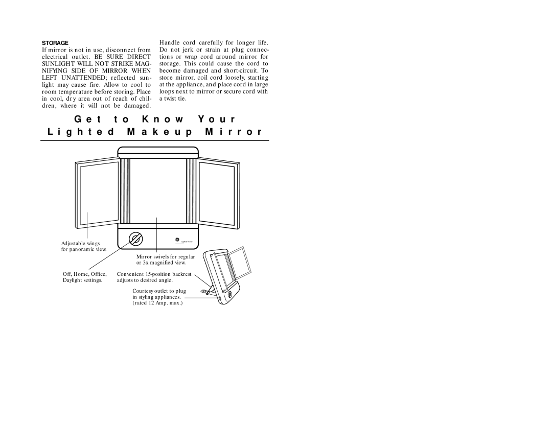 GE 106658 instruction manual T t o K n o w Y o u r G h t e d M a k e u p M i r r o r, Storage 