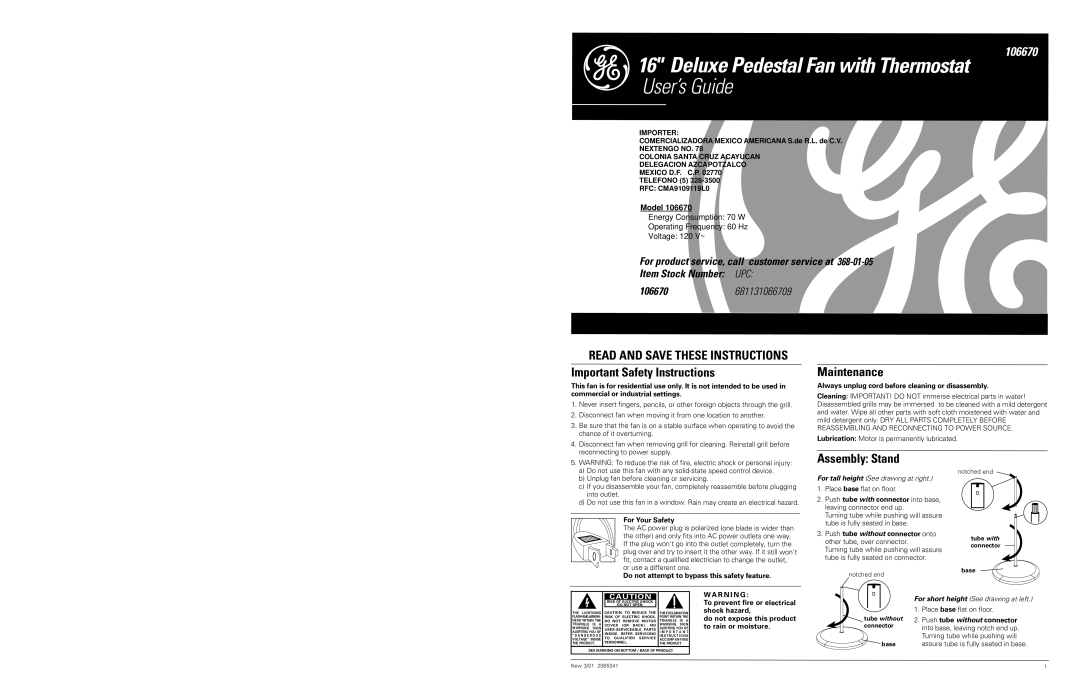 GE 106670 important safety instructions Important Safety Instructions Maintenance, Assembly Stand 