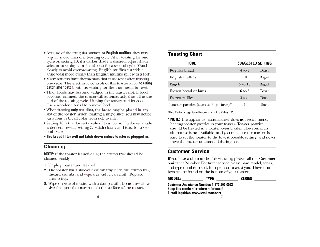 GE 106678 manual Cleaning, Toasting Chart, Customer Service 