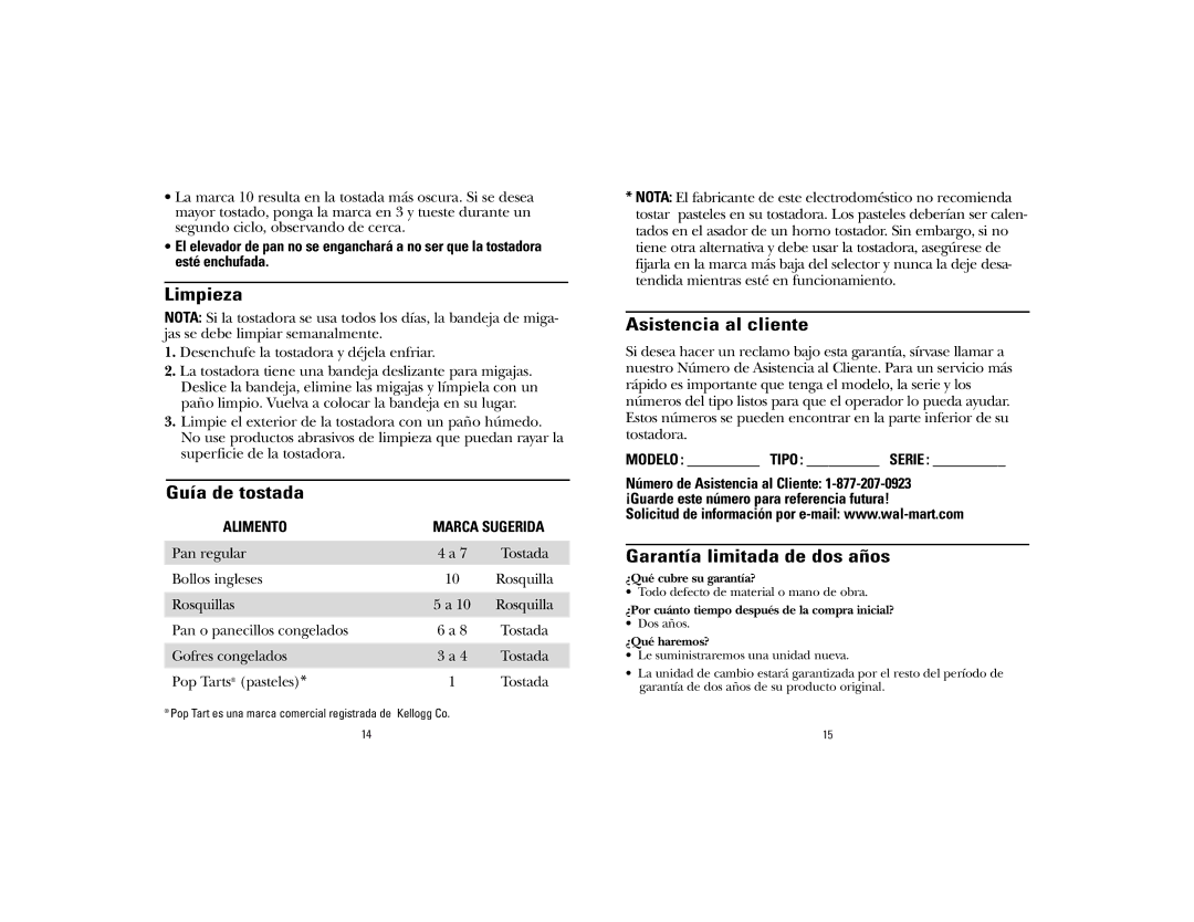 GE 106678 manual Limpieza, Guía de tostada, Asistencia al cliente, Garantía limitada de dos años 