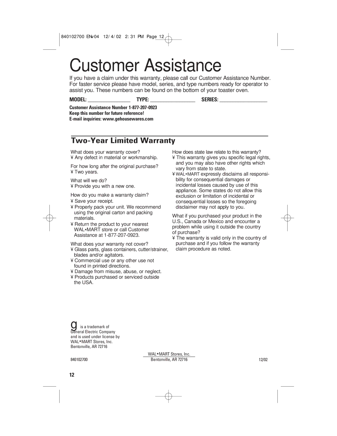 GE 106686 manual Customer Assistance, Two-Year Limited Warranty, Model Type Series 