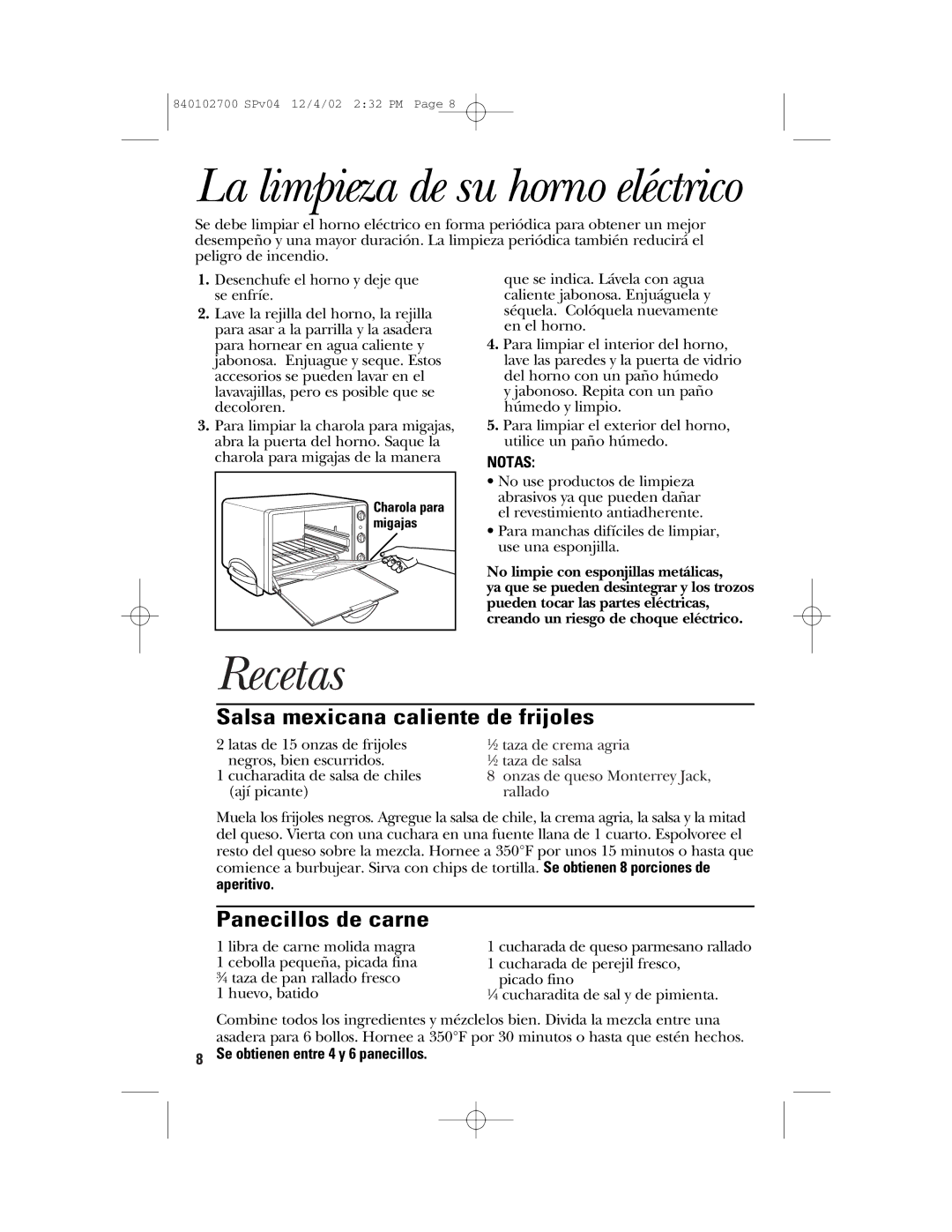 GE 106686 manual La limpieza de su horno eléctrico, Recetas, Salsa mexicana caliente de frijoles, Panecillos de carne 