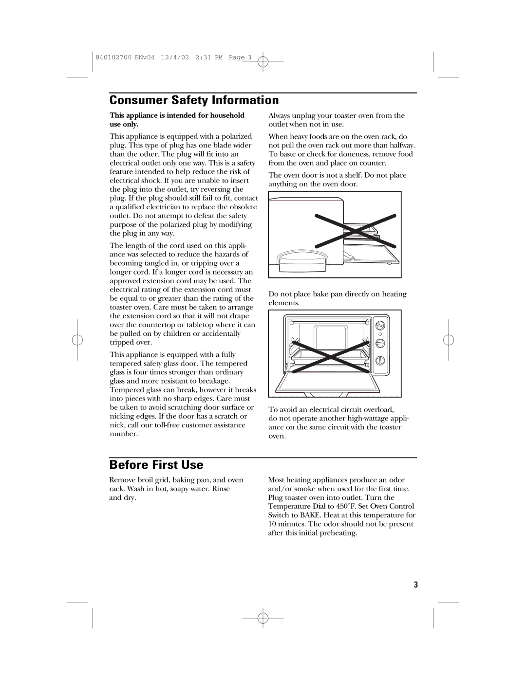 GE 106686 manual Consumer Safety Information, Before First Use 