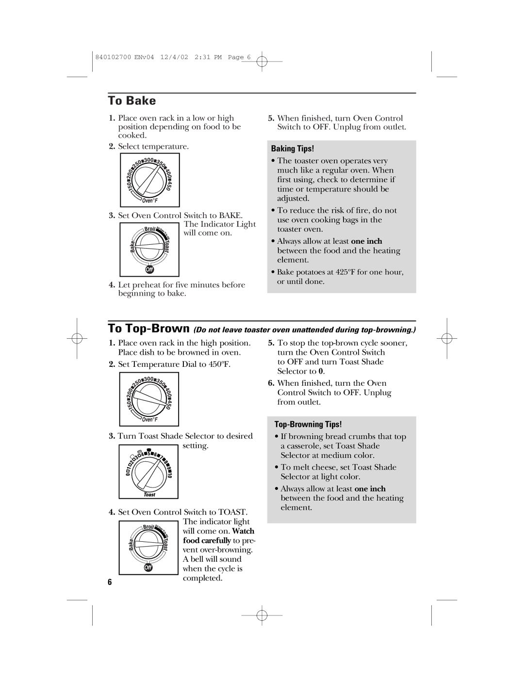 GE 106686 manual To Bake, Baking Tips, Top-Browning Tips 