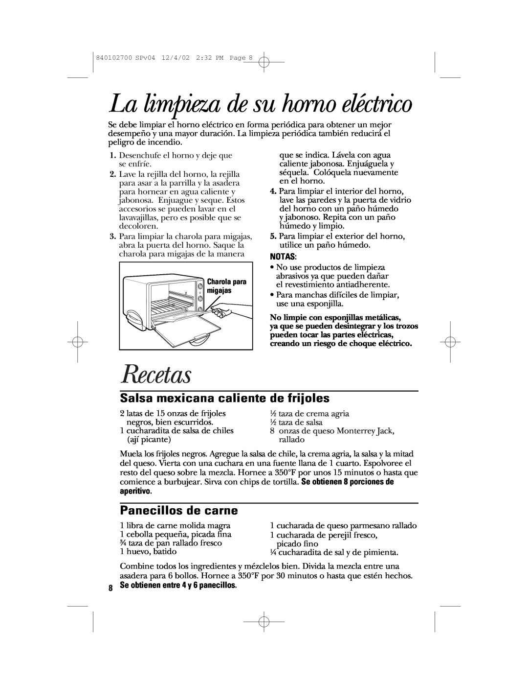 GE 106686 La limpieza de su horno eléctrico, Recetas, Salsa mexicana caliente de frijoles, Panecillos de carne, Notas 