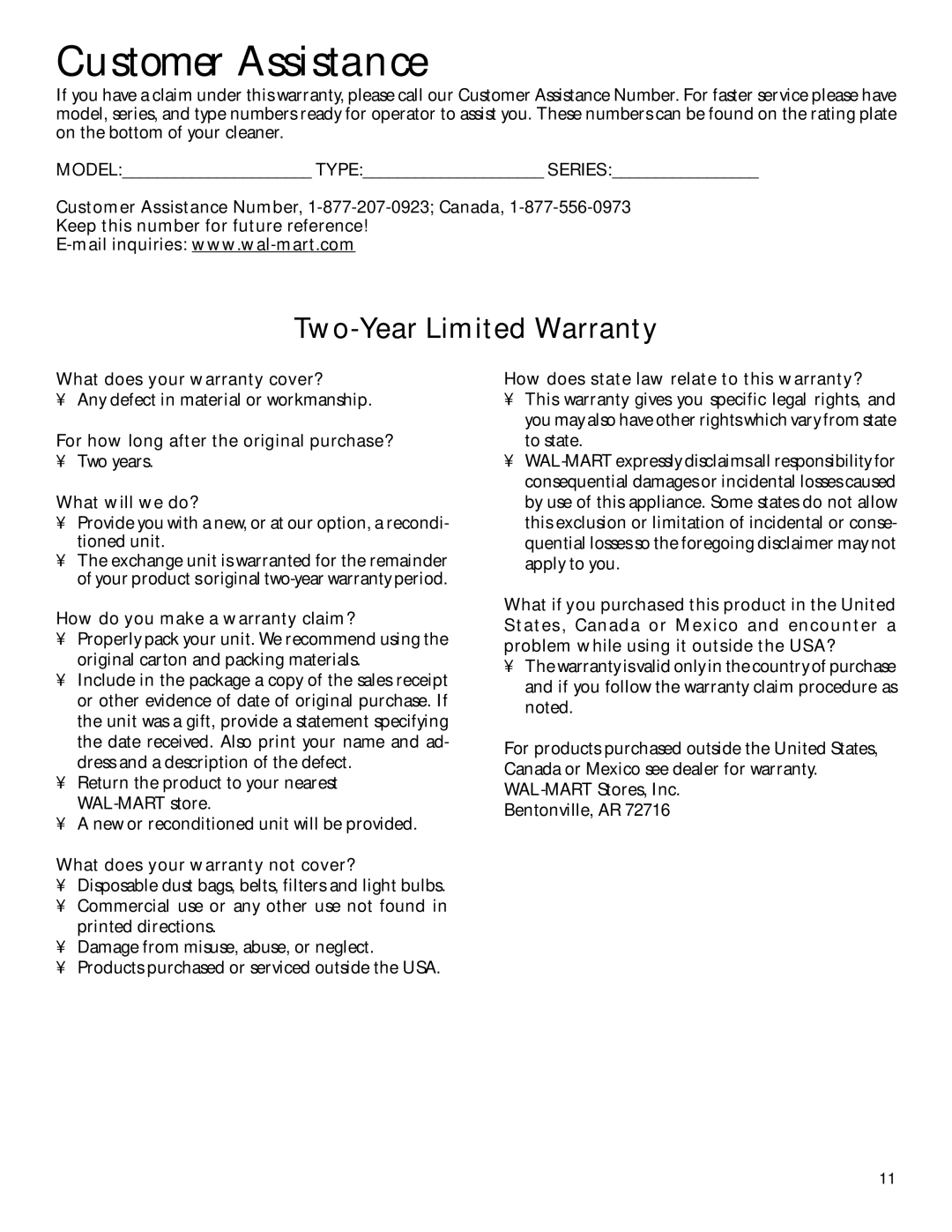 GE 71337, 106687 warranty Customer Assistance, Two-Year Limited Warranty 