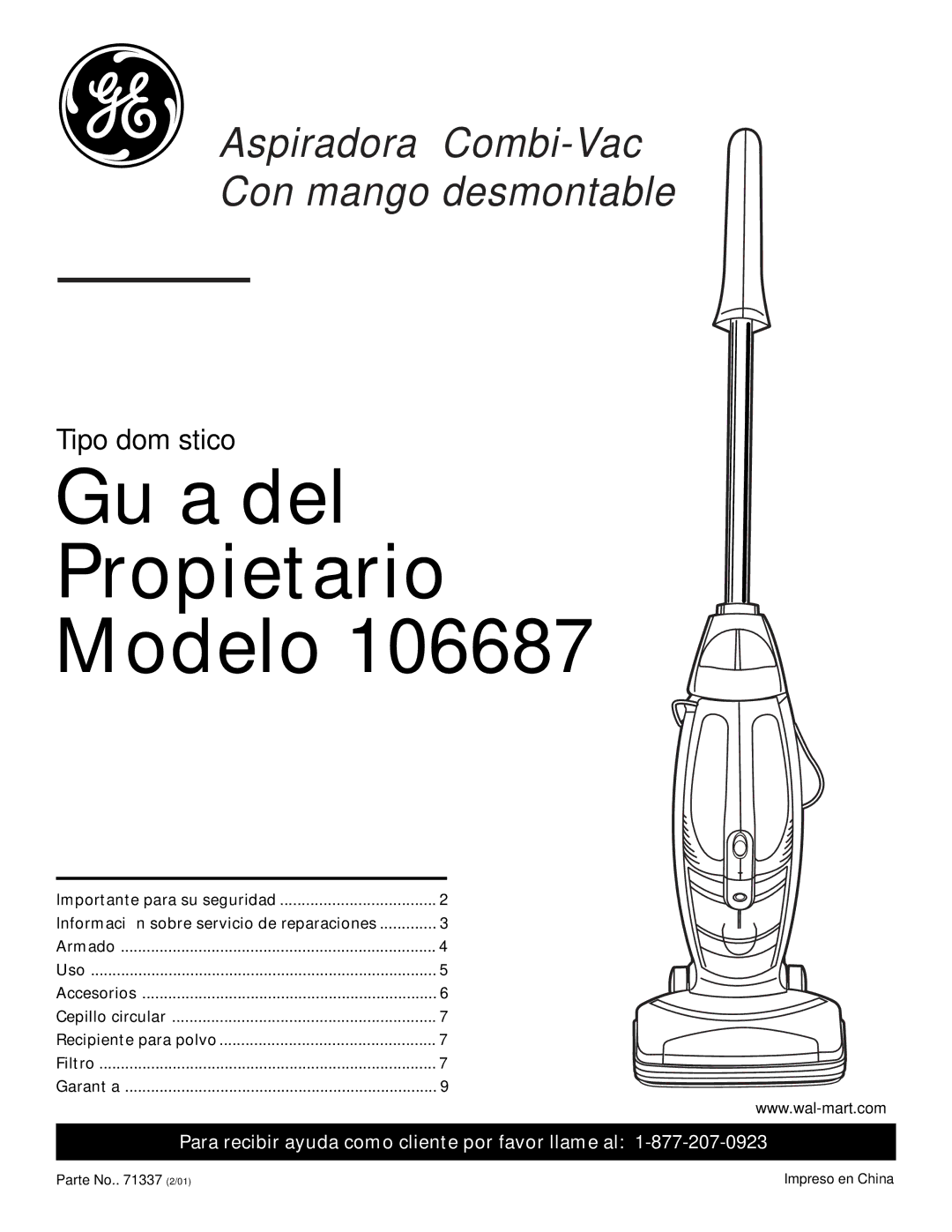 GE 71337, 106687 warranty Guía del Propietario Modelo 