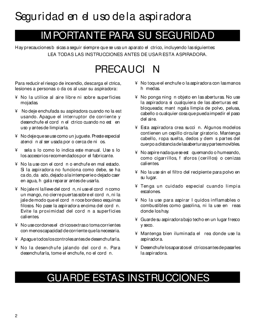 GE 106687, 71337 warranty Seguridad en el uso de la aspiradora, Importante Para SU Seguridad 