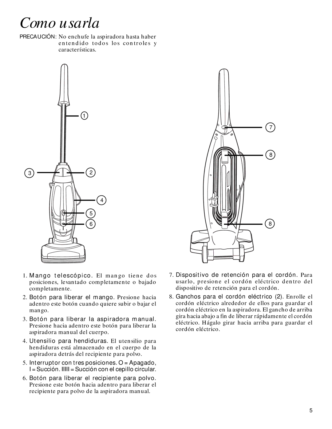 GE 71337, 106687 warranty Como usarla, Botón para liberar la aspiradora manual, Botón para liberar el recipiente para polvo 