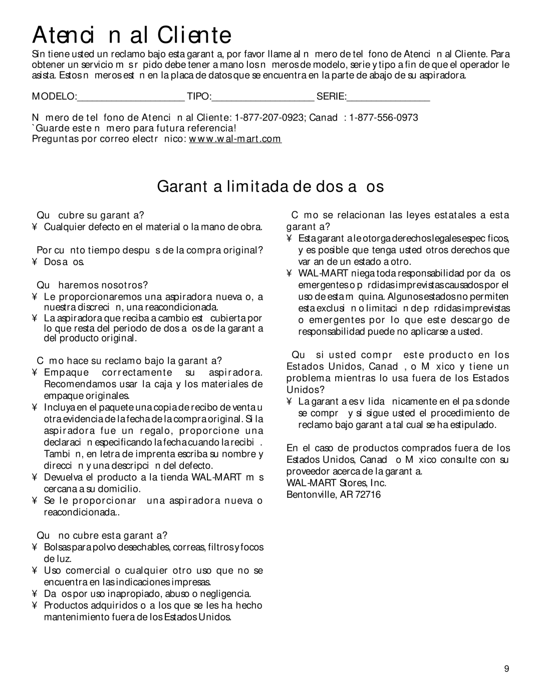 GE 71337, 106687 warranty Atención al Cliente, Garantía limitada de dos años 