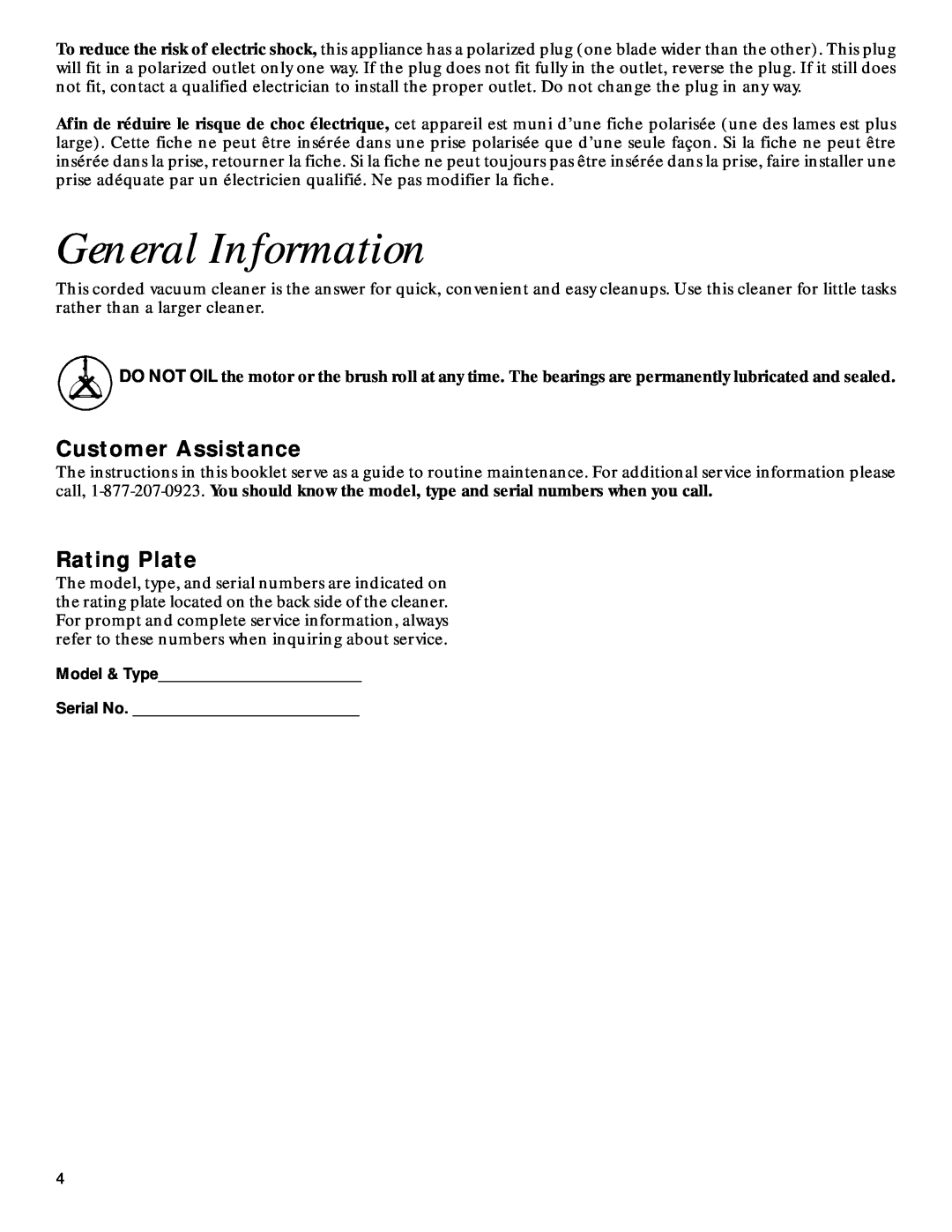 GE 106687, 71337 warranty General Information, Customer Assistance, Rating Plate 