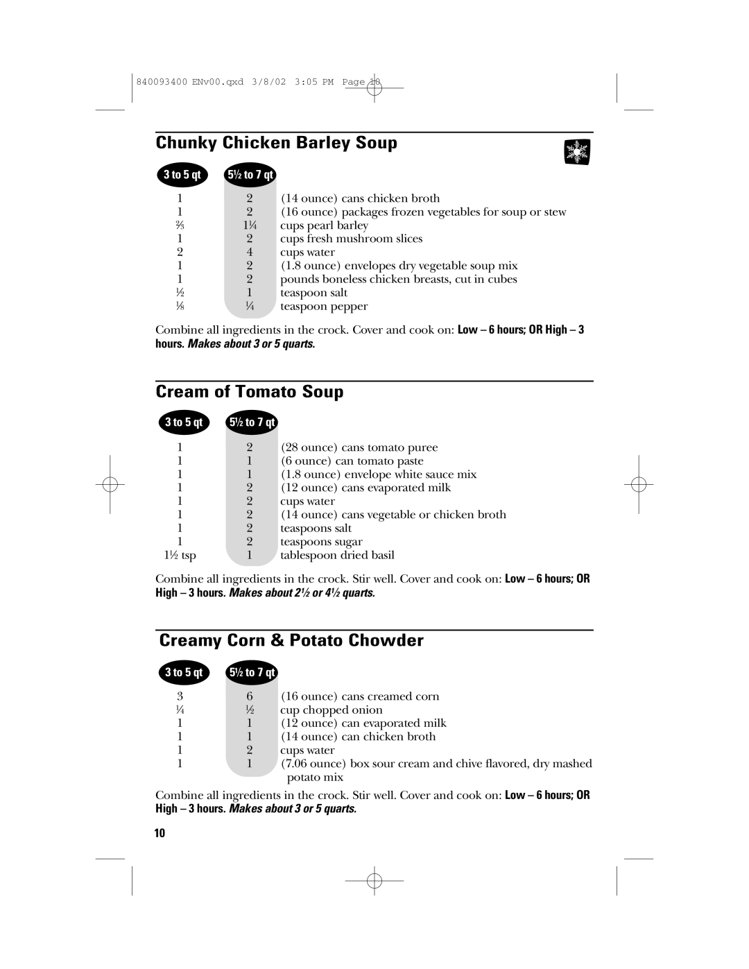 GE 106724, 840093400 manual Chunky Chicken Barley Soup, Cream of Tomato Soup, Creamy Corn & Potato Chowder 