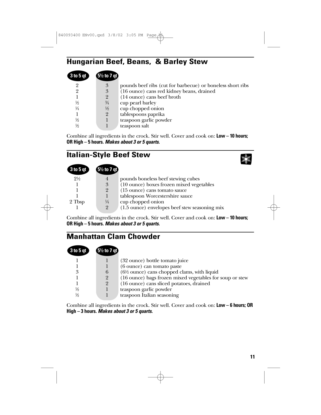 GE 840093400, 106724 manual Hungarian Beef, Beans, & Barley Stew, Italian-Style Beef Stew, Manhattan Clam Chowder 