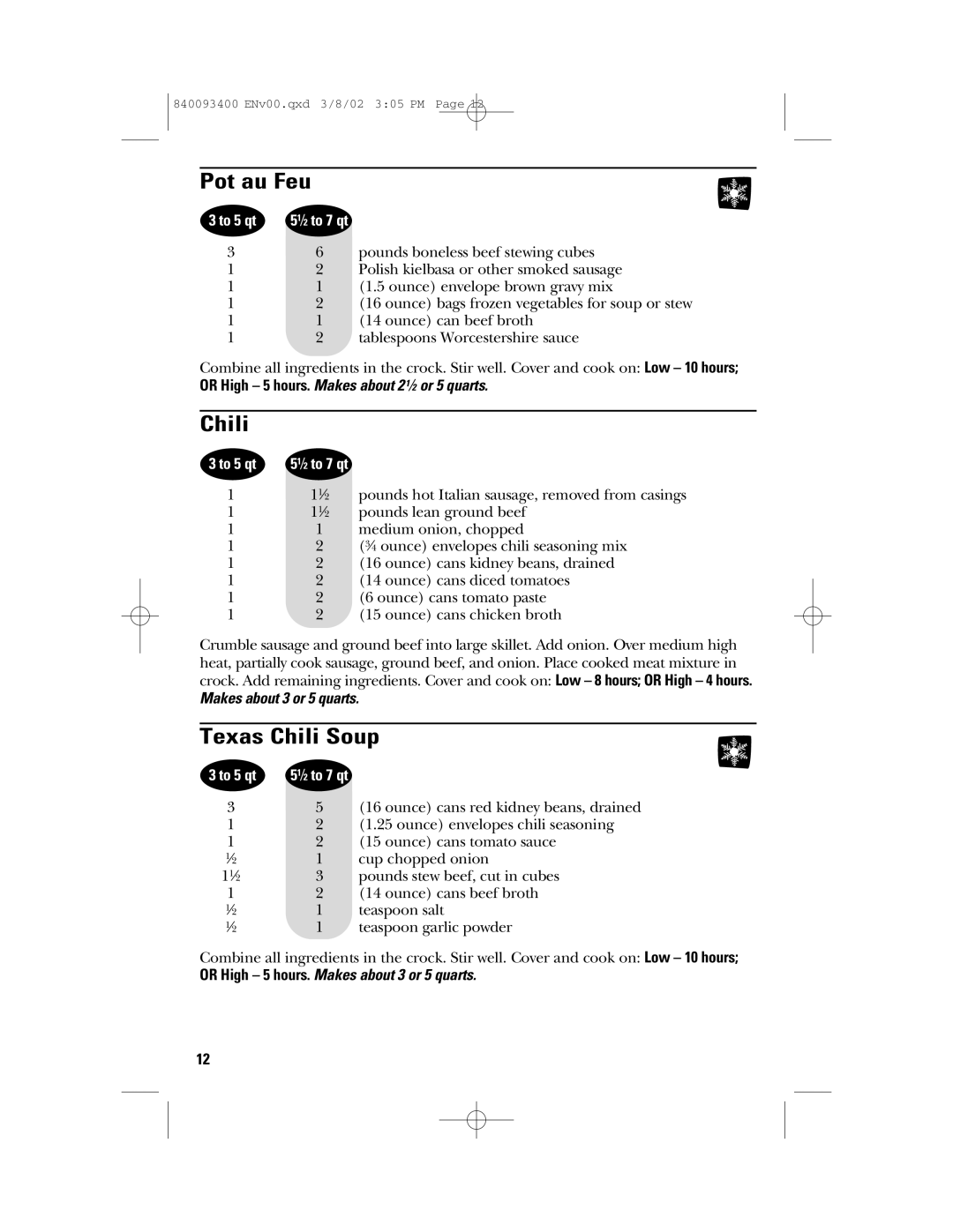 GE 106724, 840093400 manual Pot au Feu, Texas Chili Soup 