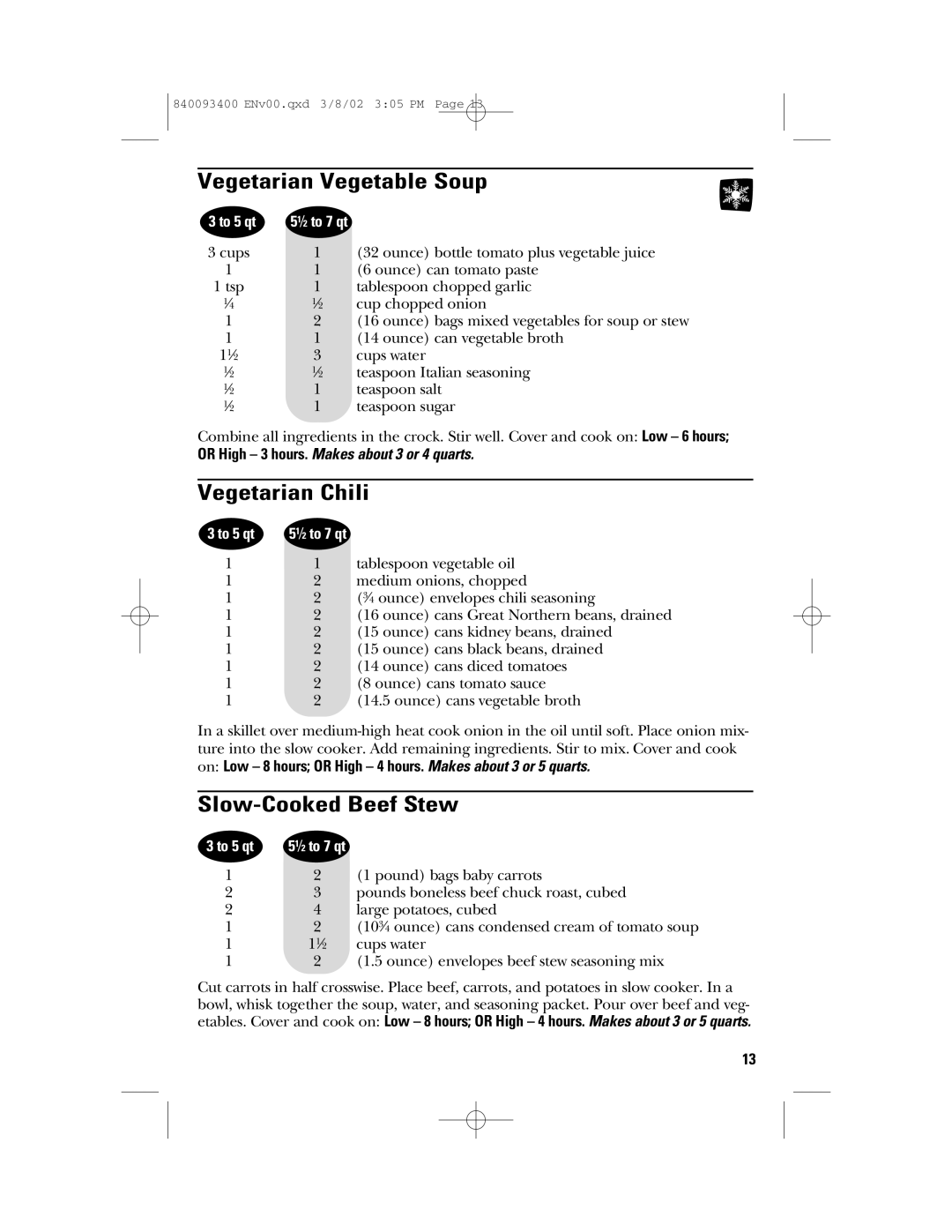 GE 840093400, 106724 manual Vegetarian Vegetable Soup, Vegetarian Chili, Slow-Cooked Beef Stew 