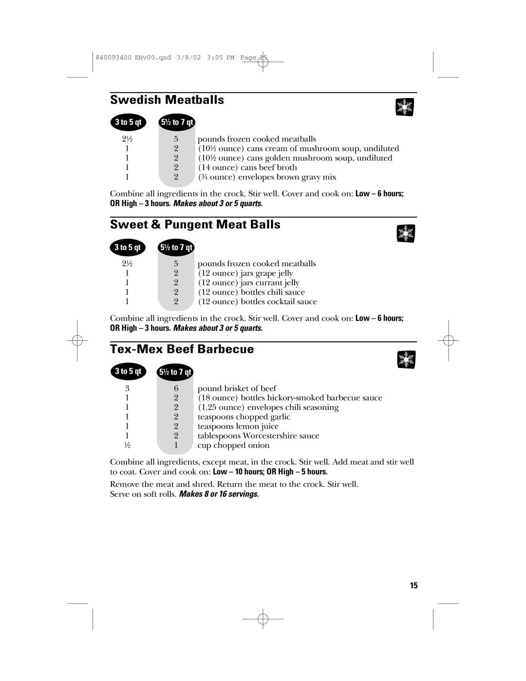 GE 840093400, 106724 manual Swedish Meatballs, Sweet & Pungent Meat Balls, Tex-Mex Beef Barbecue 