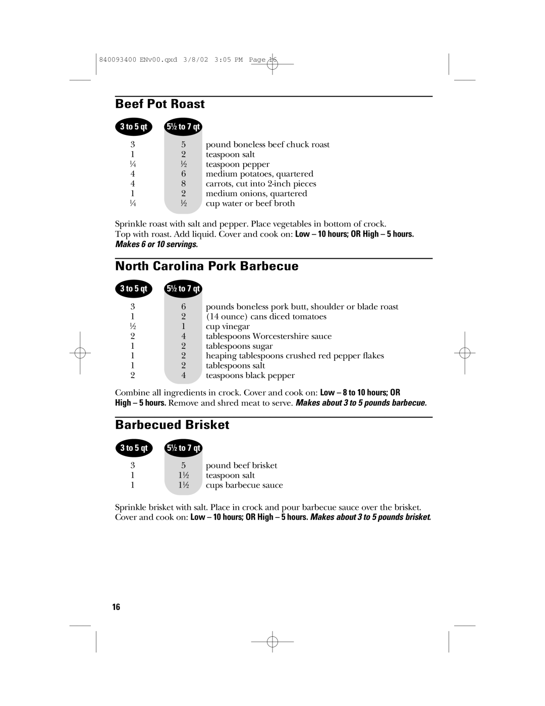 GE 106724, 840093400 manual Beef Pot Roast, North Carolina Pork Barbecue, Barbecued Brisket 