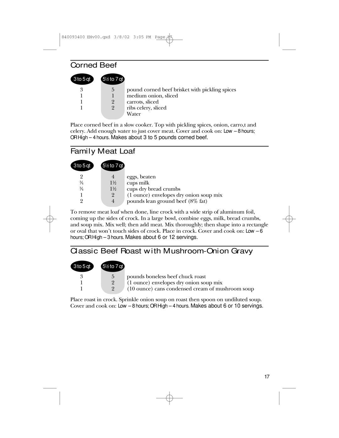 GE 840093400, 106724 manual Corned Beef, Family Meat Loaf, Classic Beef Roast with Mushroom-Onion Gravy 