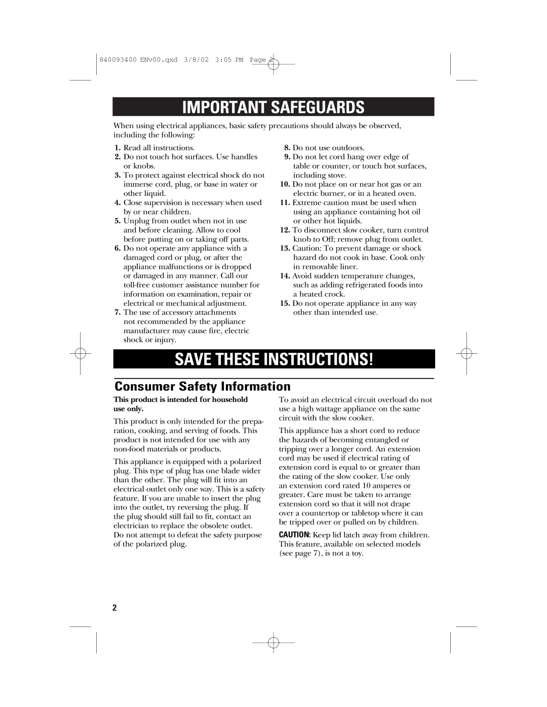 GE 106724, 840093400 manual Important Safeguards, Consumer Safety Information 