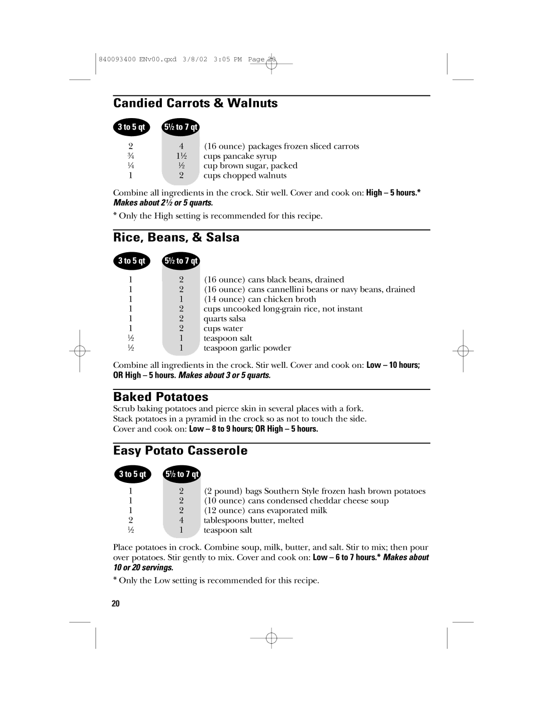 GE 106724, 840093400 manual Candied Carrots & Walnuts, Rice, Beans, & Salsa, Baked Potatoes, Easy Potato Casserole 