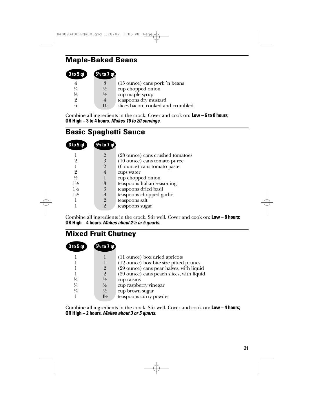 GE 840093400, 106724 manual Maple-Baked Beans, Basic Spaghetti Sauce, Mixed Fruit Chutney 