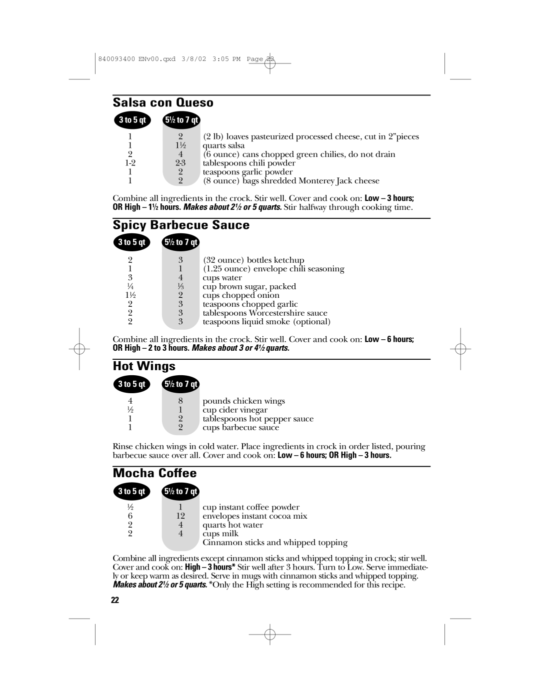GE 106724, 840093400 manual Salsa con Queso, Spicy Barbecue Sauce, Hot Wings, Mocha Coffee 