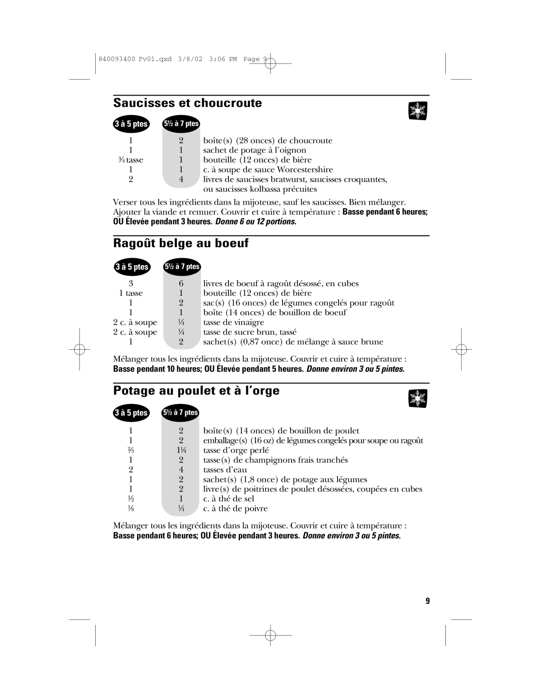 GE 840093400, 106724 manual Saucisses et choucroute, Ragoût belge au boeuf, Potage au poulet et à l’orge 