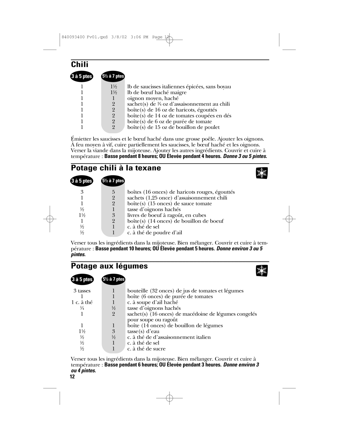 GE 106724, 840093400 manual Potage chili à la texane, Potage aux légumes 