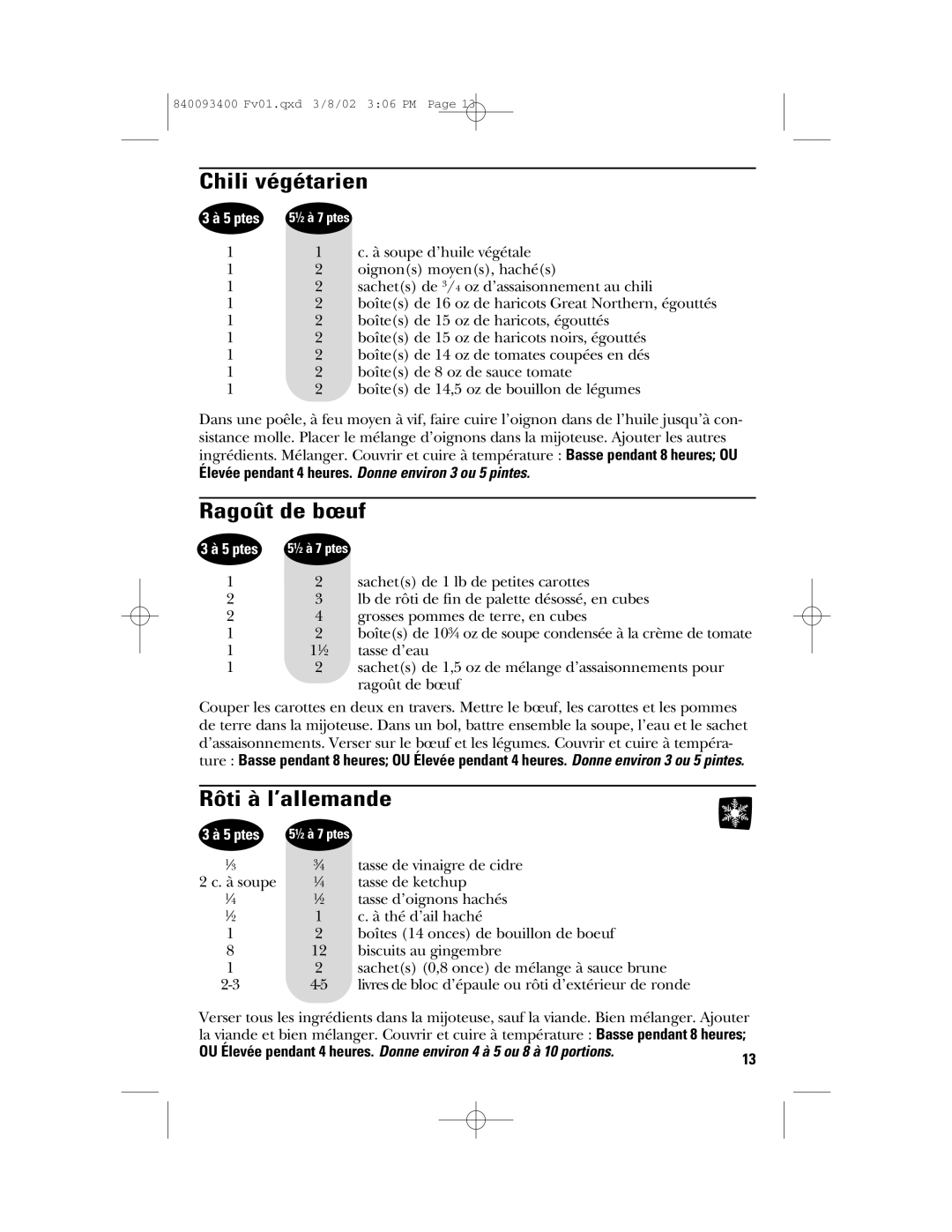 GE 840093400, 106724 manual Chili végétarien, Ragoût de bœuf, Rôti à l’allemande 