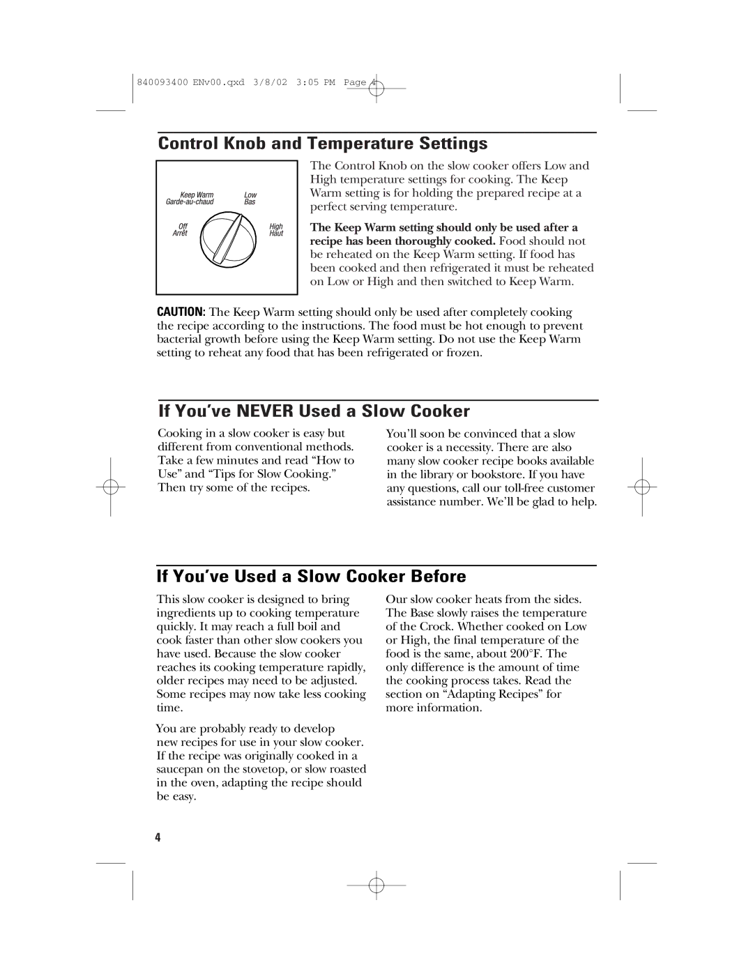 GE 106724 Control Knob and Temperature Settings, If You’ve Never Used a Slow Cooker, If You’ve Used a Slow Cooker Before 