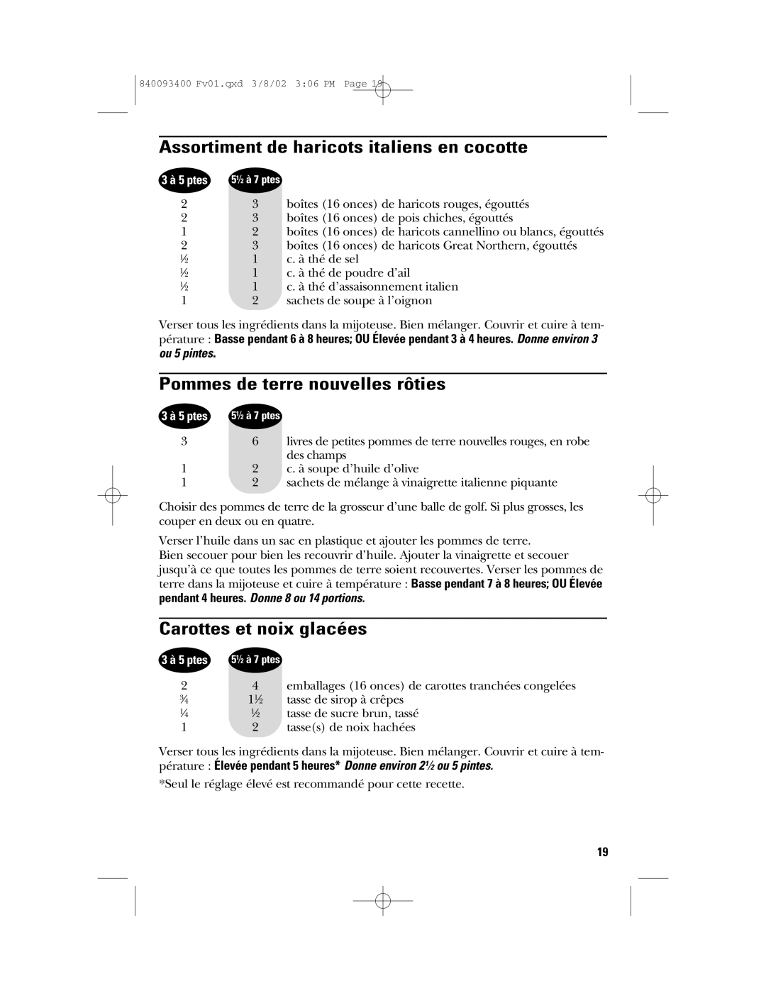 GE 840093400 manual Assortiment de haricots italiens en cocotte, Pommes de terre nouvelles rôties, Carottes et noix glacées 