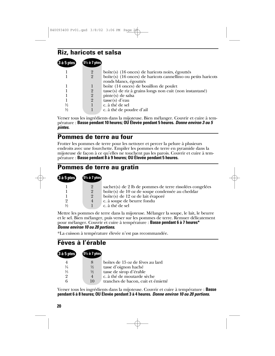 GE 106724, 840093400 manual Riz, haricots et salsa, Pommes de terre au four, Pommes de terre au gratin, Fèves à l’érable 