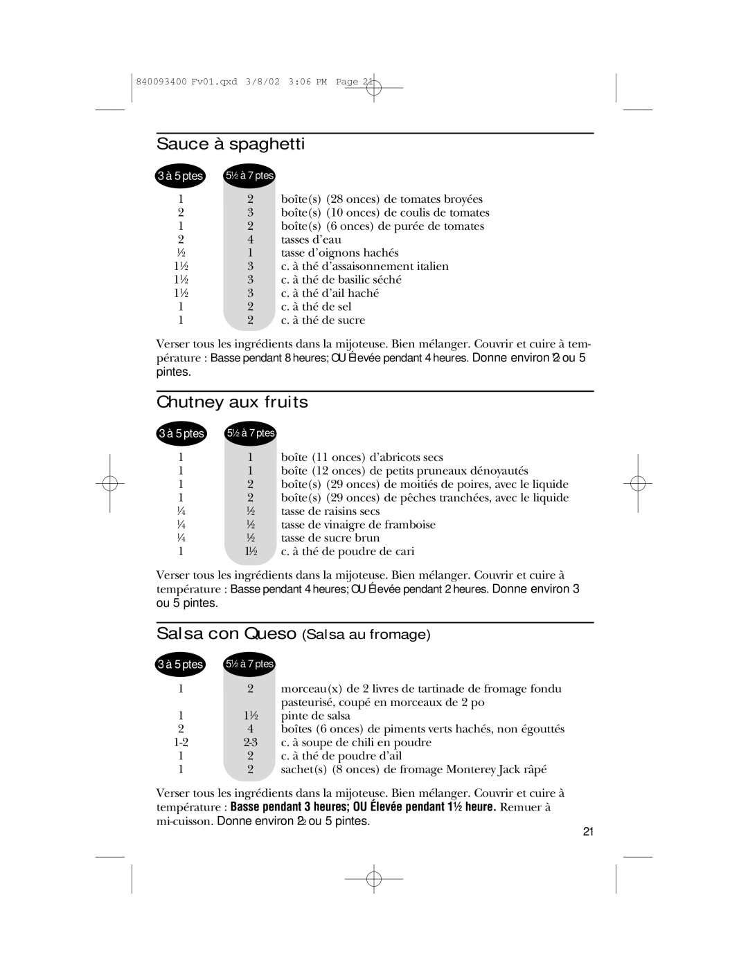 GE 840093400, 106724 manual Sauce à spaghetti, Chutney aux fruits 