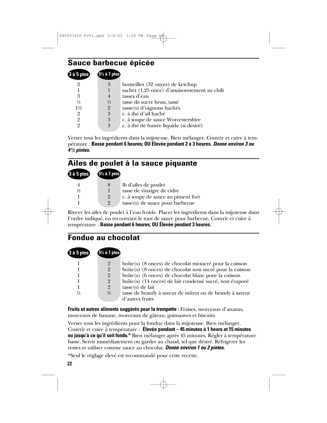 GE 106724, 840093400 manual Sauce barbecue épicée, Ailes de poulet à la sauce piquante, Fondue au chocolat 