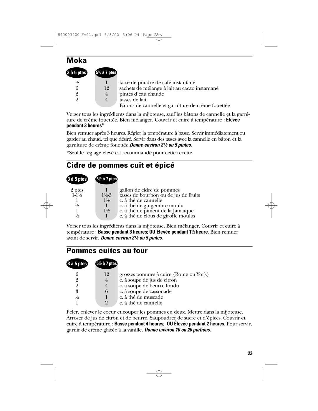 GE 840093400, 106724 manual Moka, Cidre de pommes cuit et épicé, Pommes cuites au four 