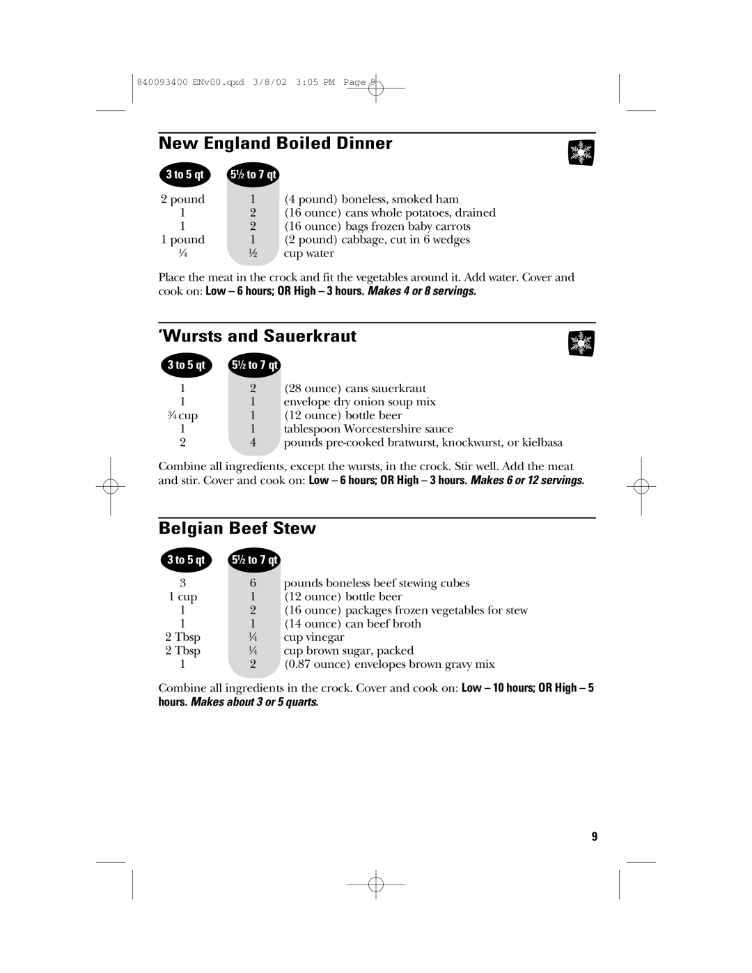 GE 840093400, 106724 manual New England Boiled Dinner, ’Wursts and Sauerkraut, Belgian Beef Stew 