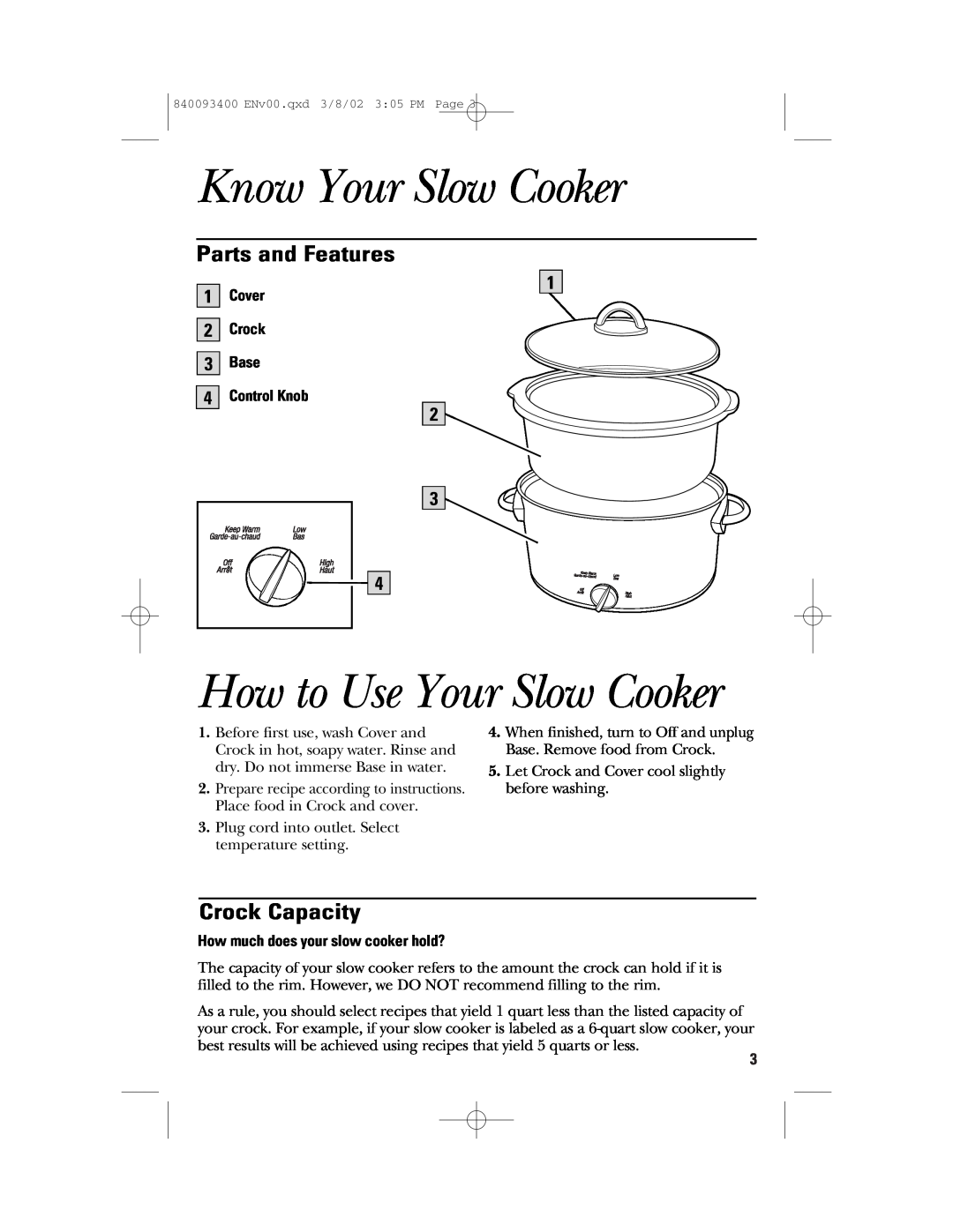 GE 840093400, 106724 manual Know Your Slow Cooker, How to Use Your Slow Cooker, Parts and Features, Crock Capacity 