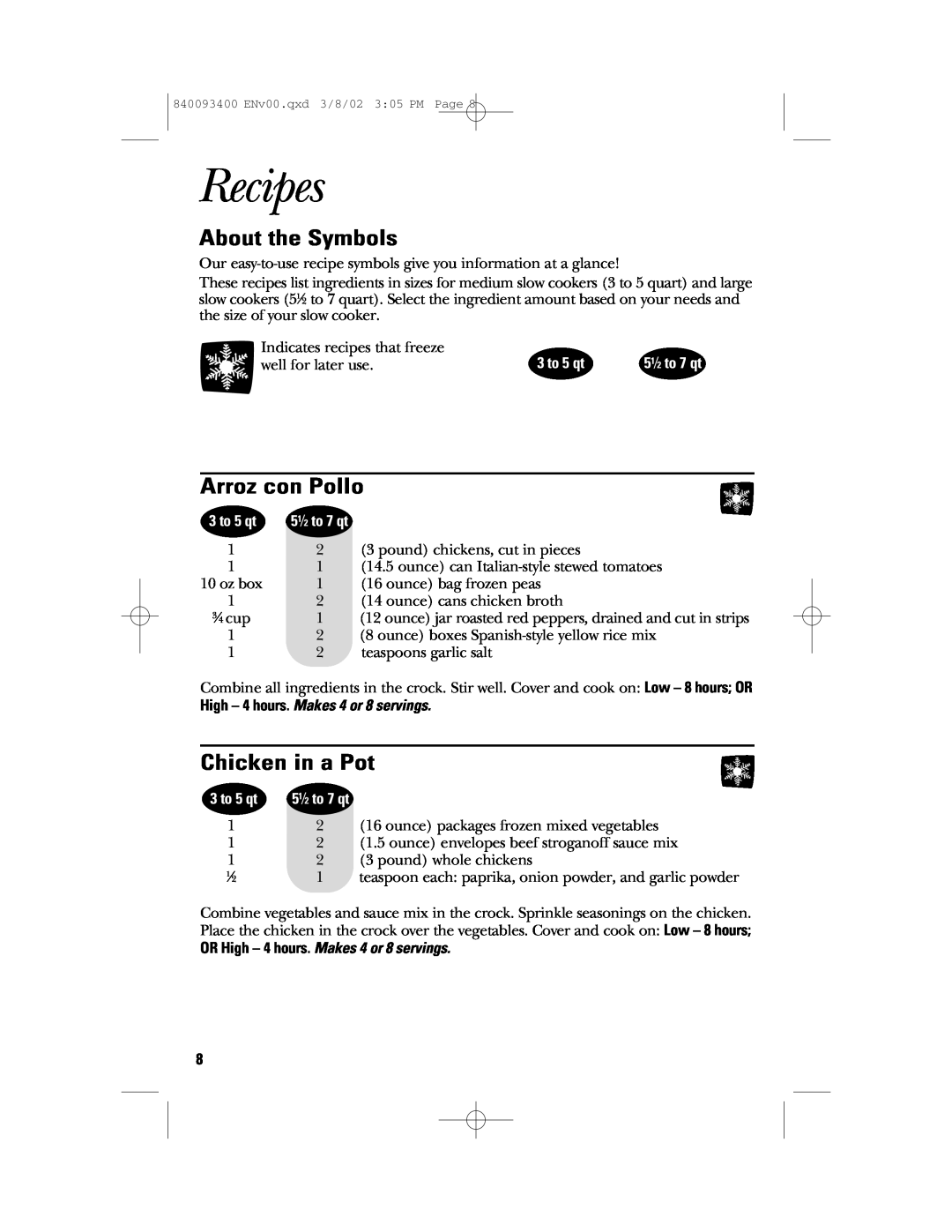 GE 106724 manual Recipes, About the Symbols, Arroz con Pollo, Chicken in a Pot, Indicates recipes that freeze, 3 to 5 qt 