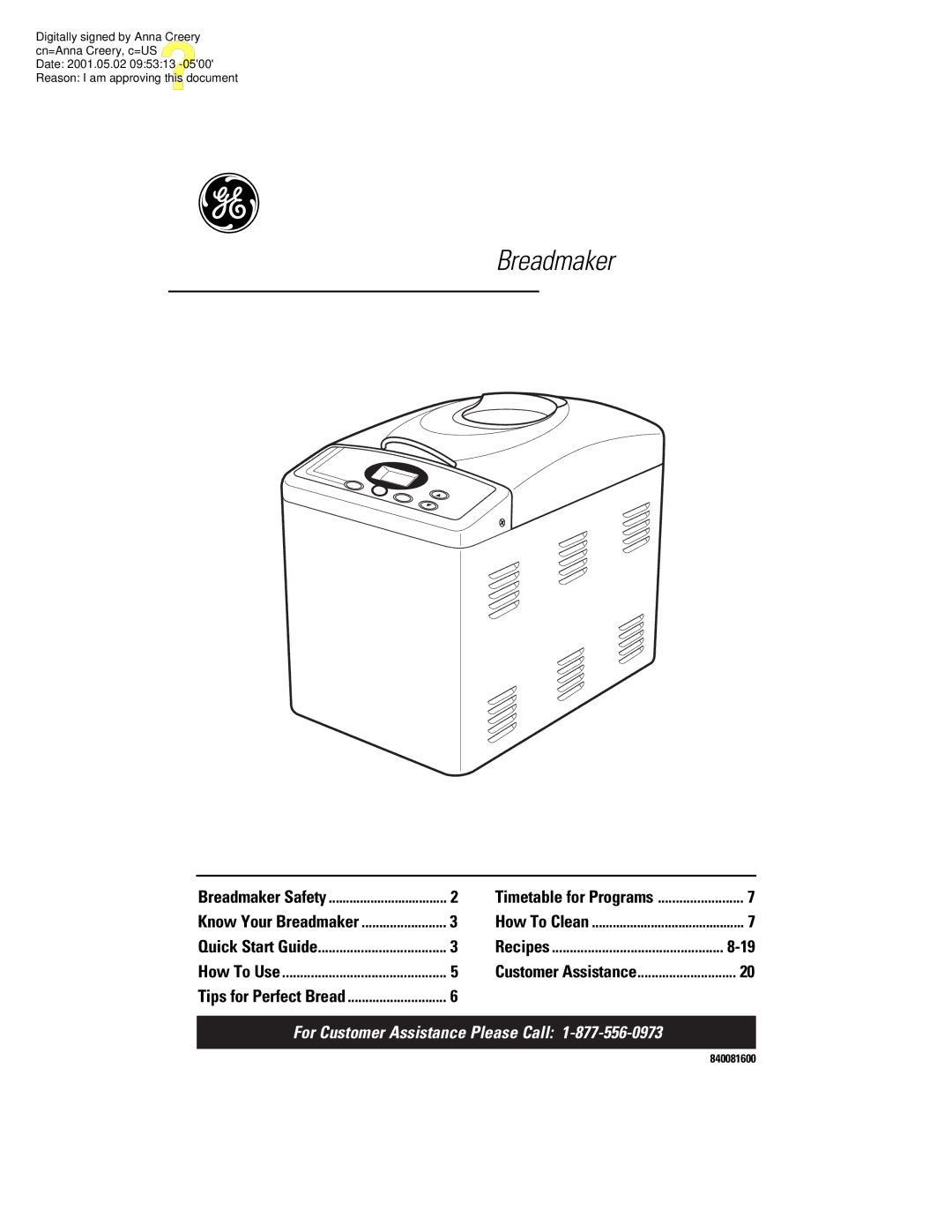 GE 840081600, 106732 quick start Breadmaker 