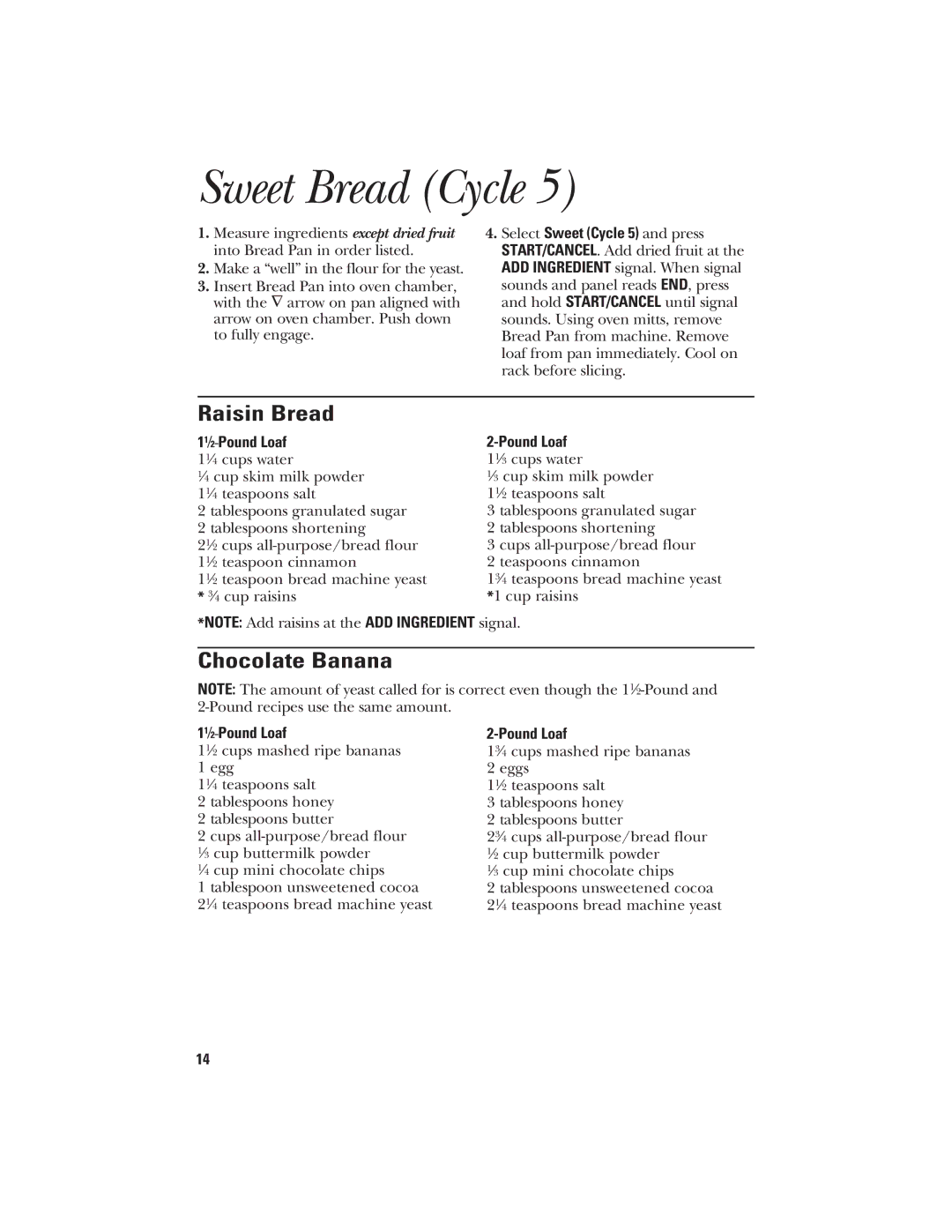 GE 106732, 840081600 quick start Sweet Bread Cycle, Raisin Bread, Chocolate Banana 