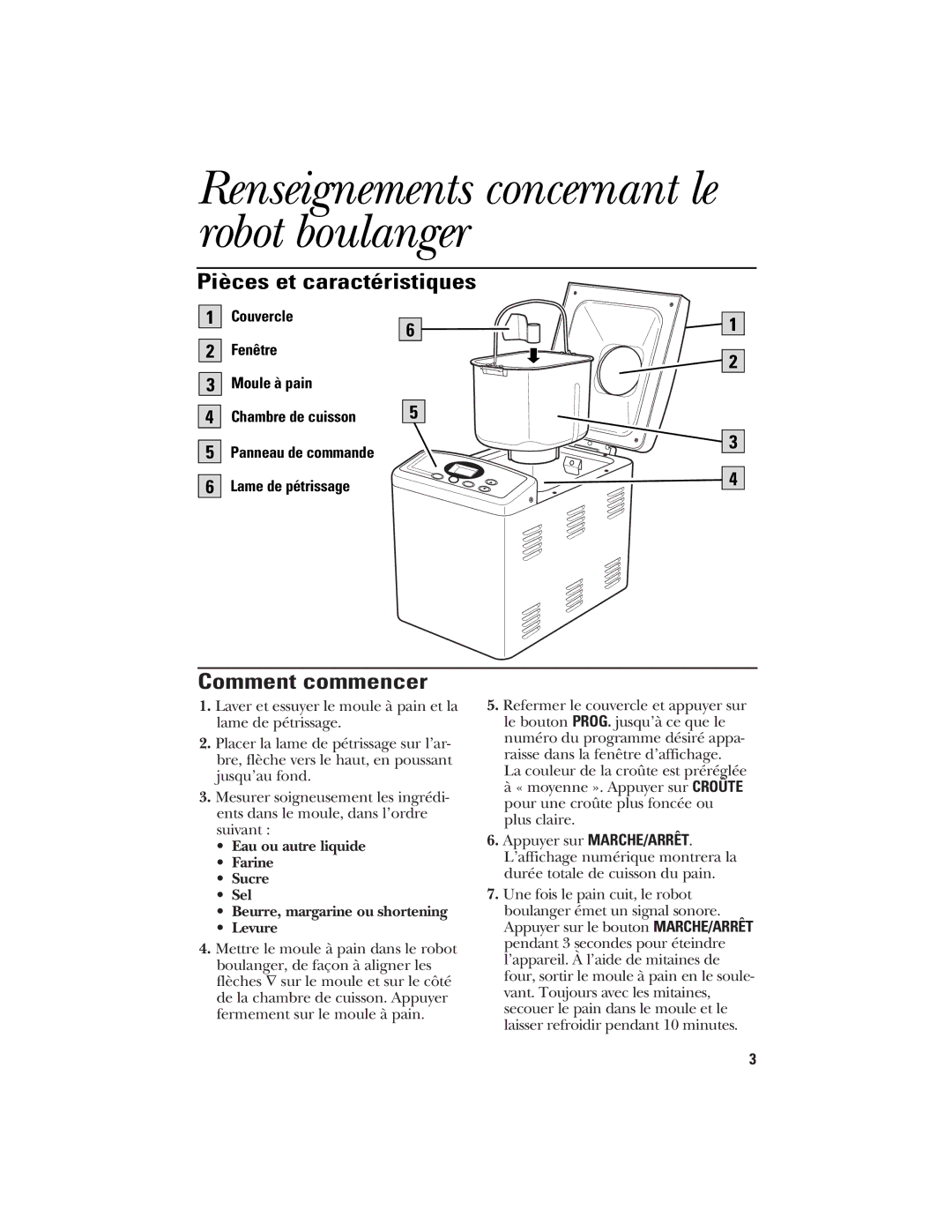 GE 840081600, 106732 Pièces et caractéristiques, Comment commencer, Couvercle Fenêtre Moule à pain Chambre de cuisson 