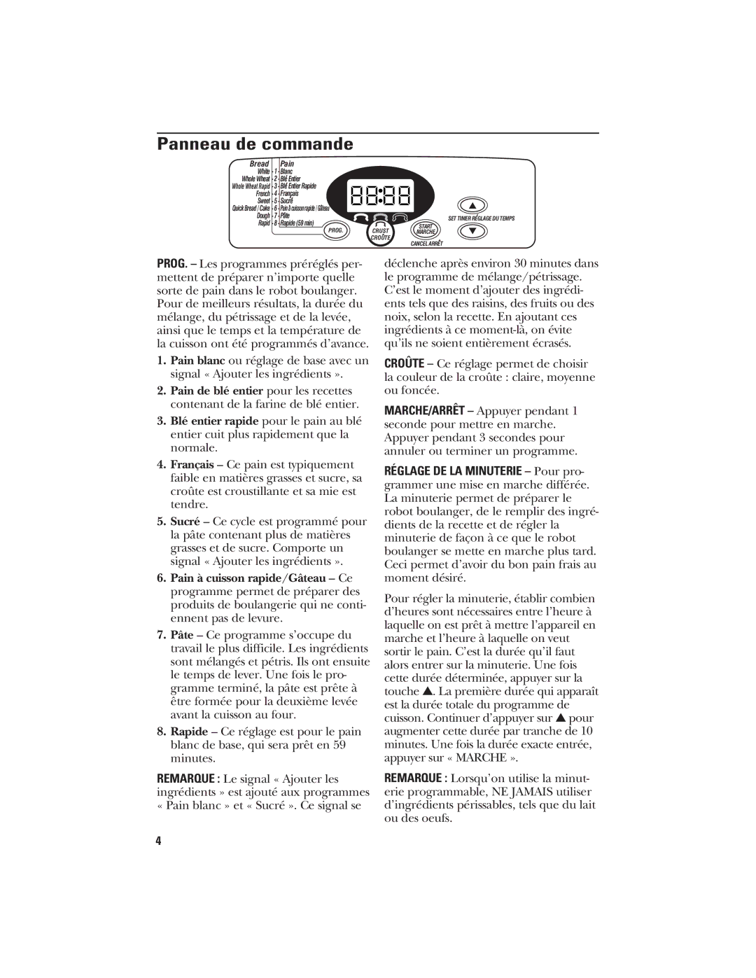 GE 106732, 840081600 quick start Panneau de commande 