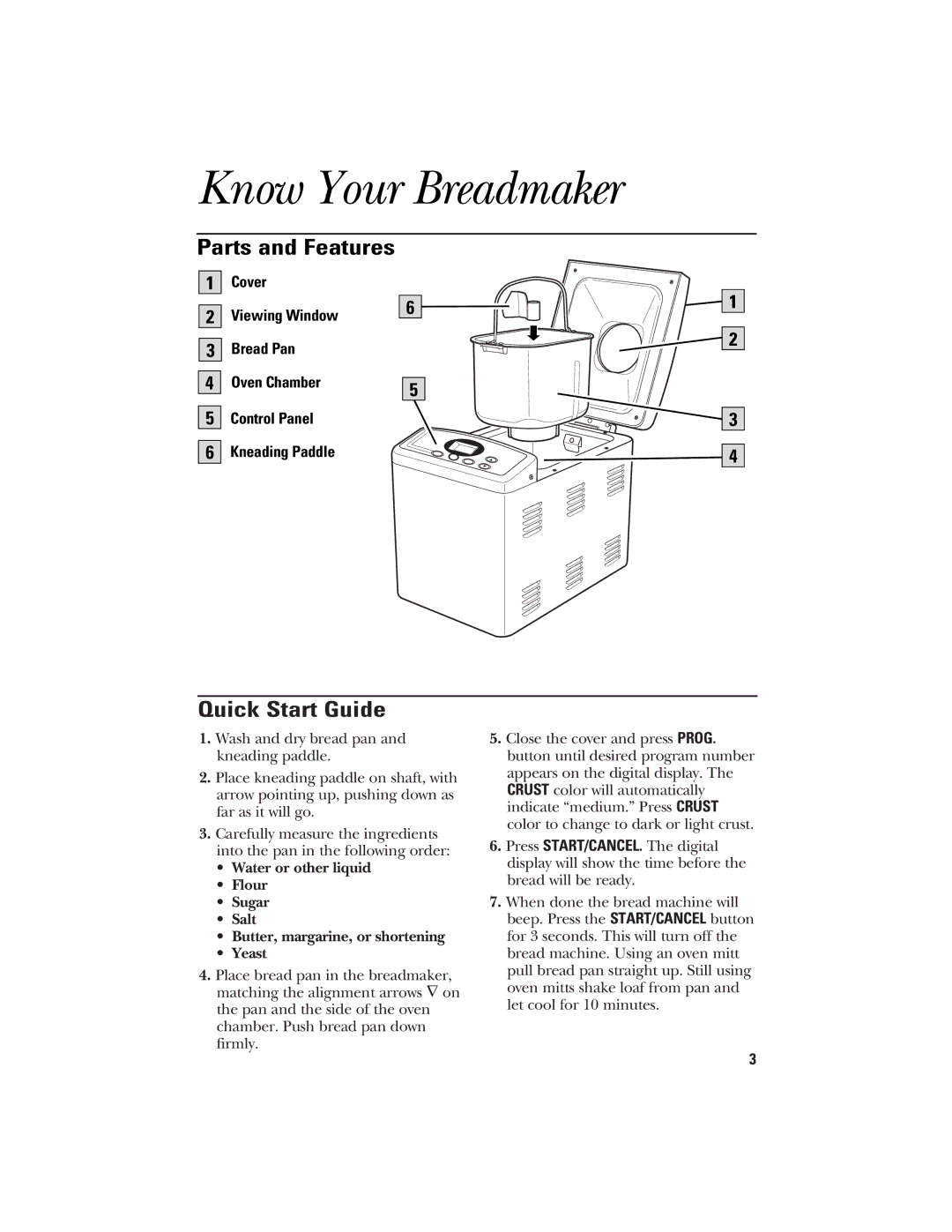 GE 840081600, 106732 quick start Know Your Breadmaker, Parts and Features, Quick Start Guide 