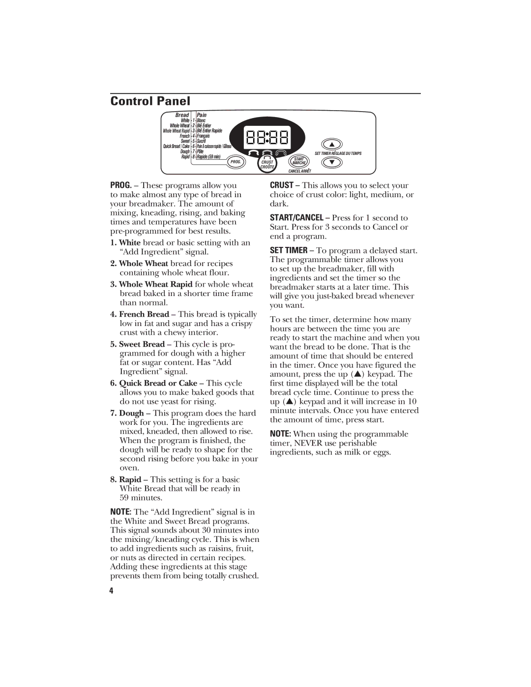 GE 106732, 840081600 quick start Control Panel, Bread Pain 