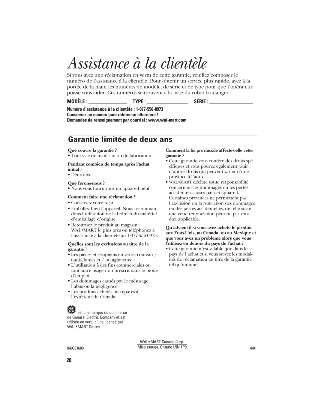 GE 106732, 840081600 quick start Assistance à la clientèle, Garantie limitée de deux ans, Modèle Type Série 