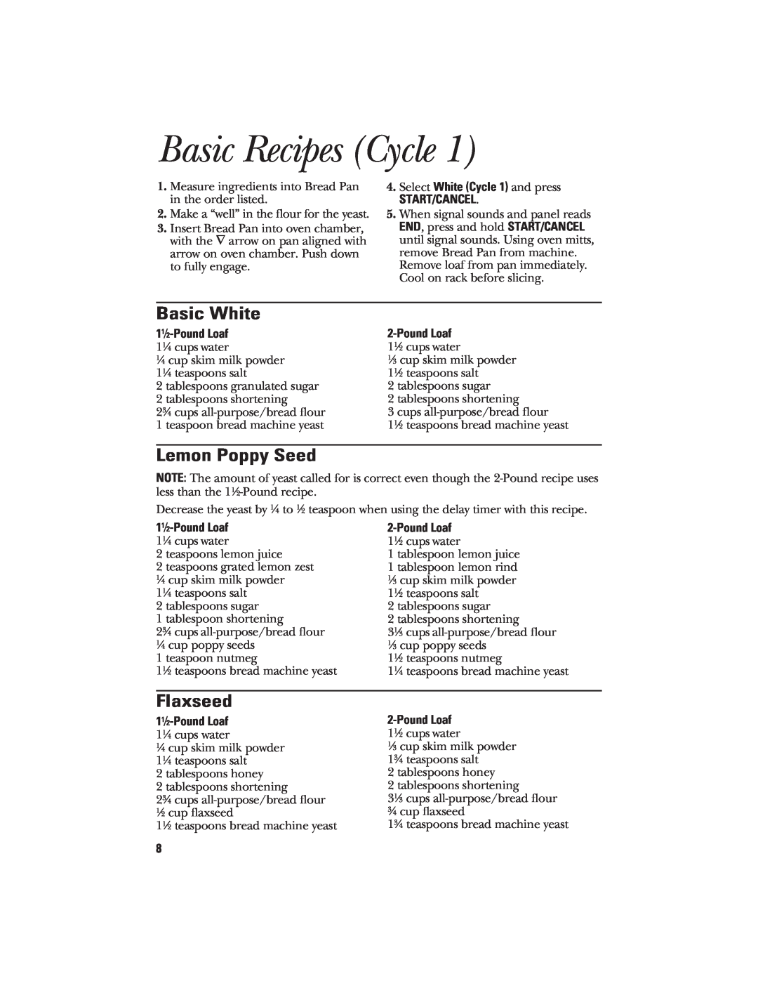 GE 106732, 840081600 quick start Basic Recipes Cycle, Basic White, Lemon Poppy Seed, Flaxseed, Start/Cancel, 11⁄2-Pound Loaf 