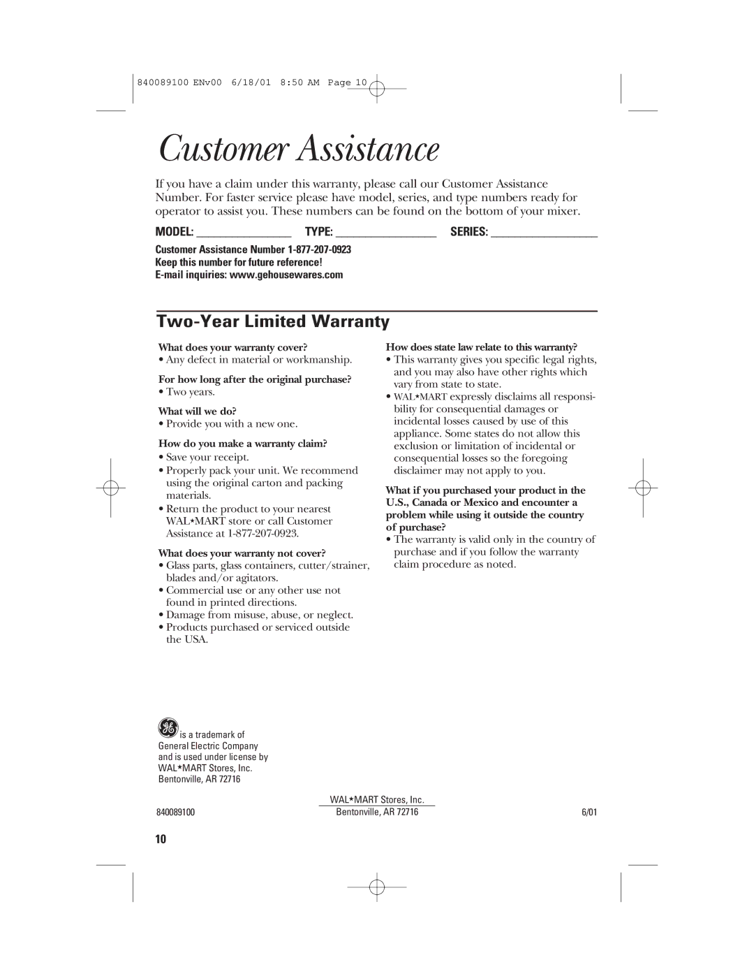 GE 106742 manual Customer Assistance, Two-Year Limited Warranty, Model Type Series 